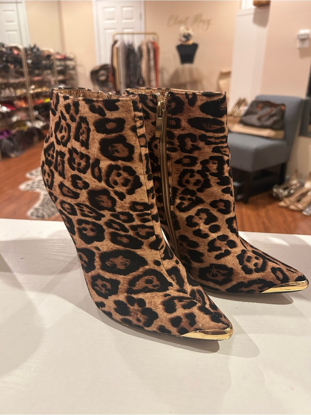 Leopard Print Pointed Toe Ankle Booties with Gold Toe Cap - Brown